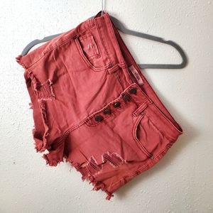 Refuge Distressed High-Rise Buttonfly Shorts Maroon